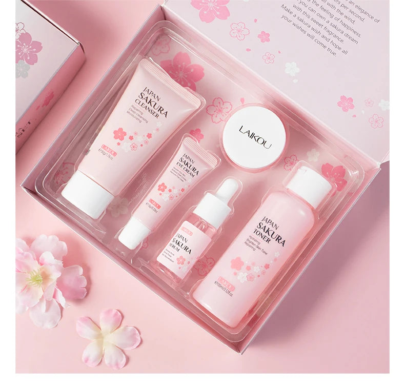 Conjunto de Cuidados com a Pele LAIKOU Japão Sakura - Sérum, Creme Rejuvenescedor, Hidratante Iluminador, Reduz Manchas - 5 peças