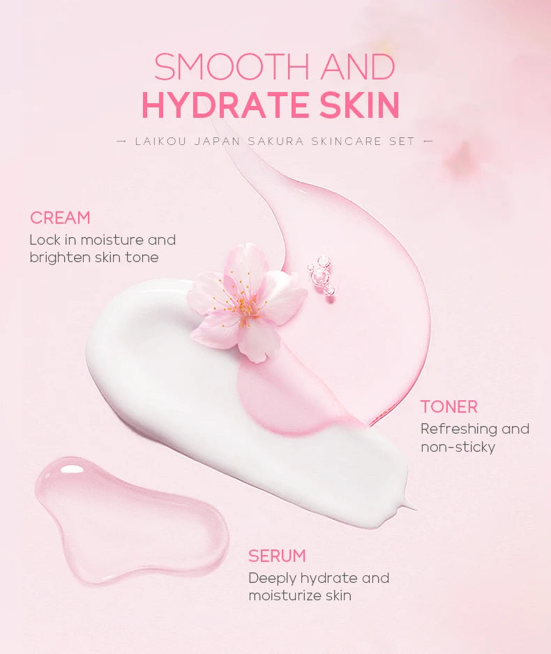 Conjunto de Cuidados com a Pele LAIKOU Japão Sakura - Sérum, Creme Rejuvenescedor, Hidratante Iluminador, Reduz Manchas - 5 peças