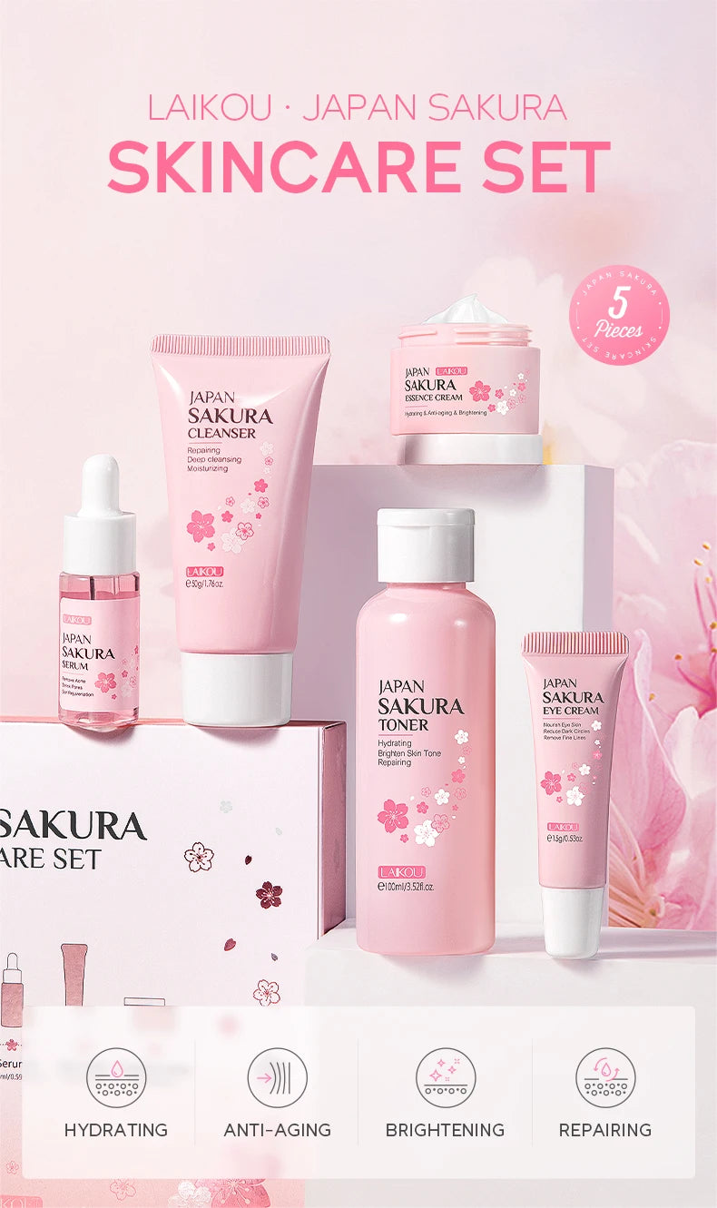 Conjunto de Cuidados com a Pele LAIKOU Japão Sakura - Sérum, Creme Rejuvenescedor, Hidratante Iluminador, Reduz Manchas - 5 peças