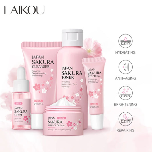 Conjunto de Cuidados com a Pele LAIKOU Japão Sakura - Sérum, Creme Rejuvenescedor, Hidratante Iluminador, Reduz Manchas - 5 peças