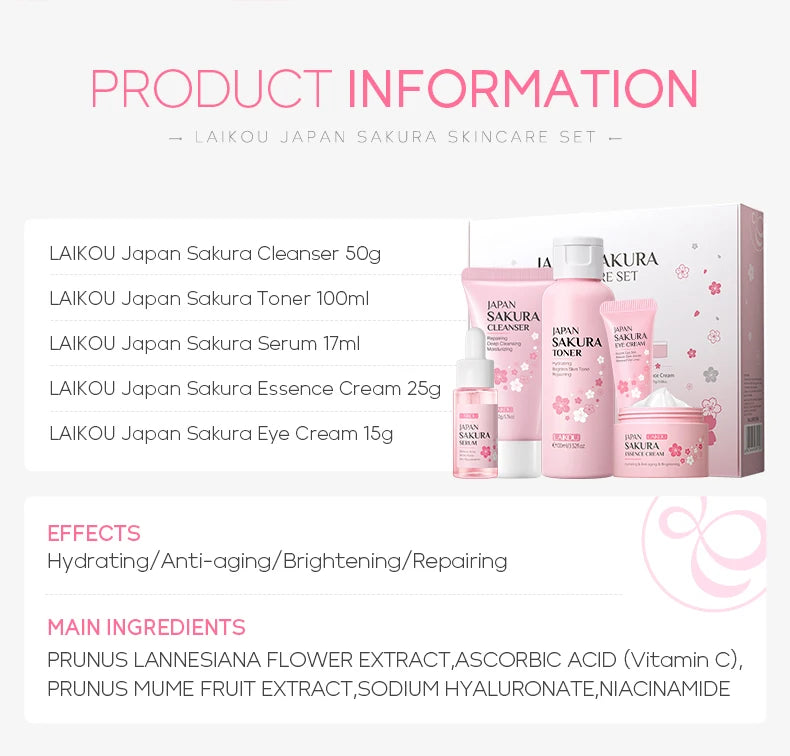 Conjunto de Cuidados com a Pele LAIKOU Japão Sakura - Sérum, Creme Rejuvenescedor, Hidratante Iluminador, Reduz Manchas - 5 peças